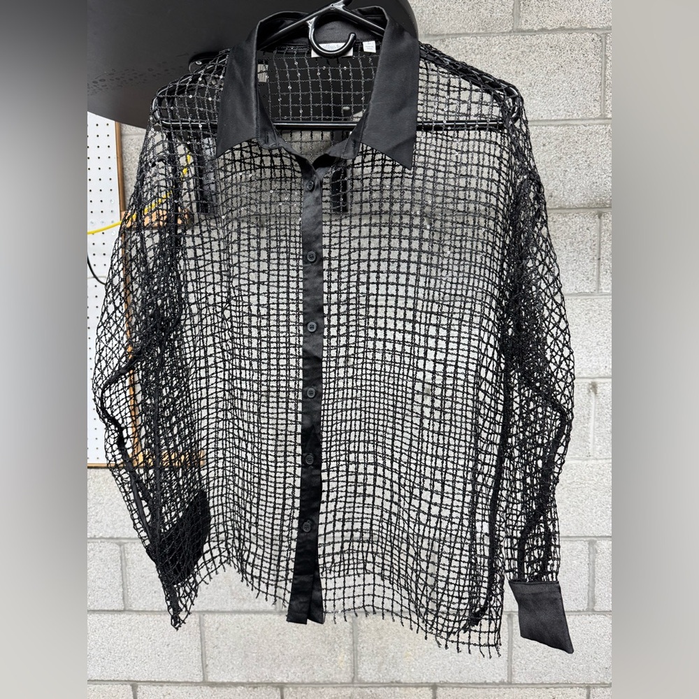 large black long sleeve sheer button down collar shirt with sequin detail